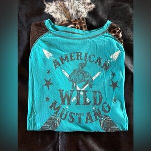 Cowgirl Tuff Blue Long Sleeve Tee with Mustang Graphic